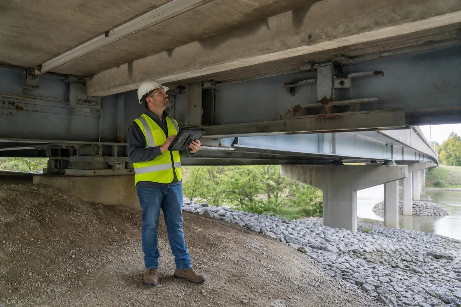 Bridge inspector using a tablet beneath a steel-girder bridge