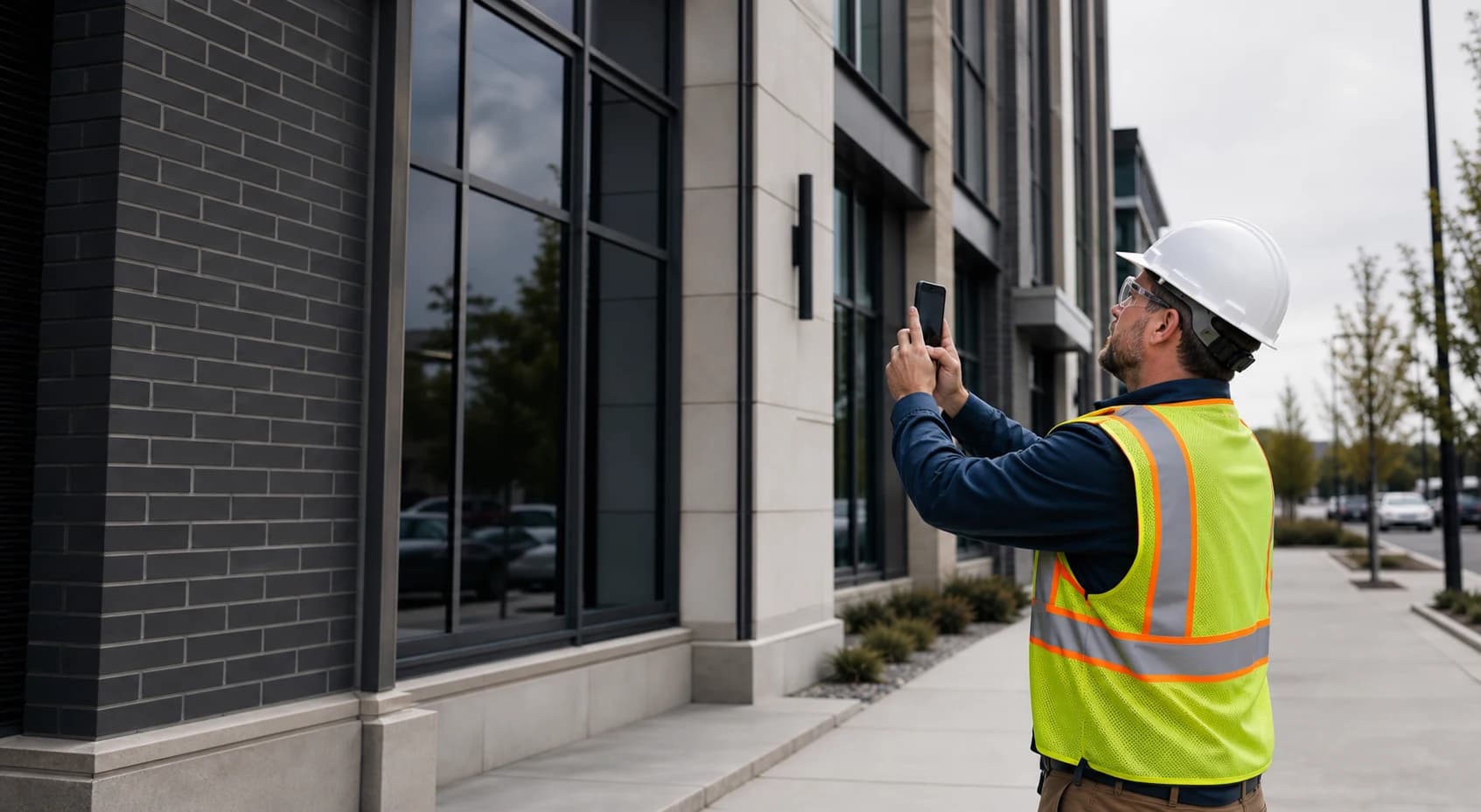 Building inspector documenting an exterior facade condition with a mobile device